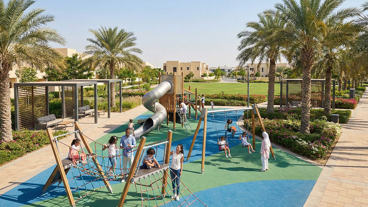 Kids playing in a modern outdoor playground