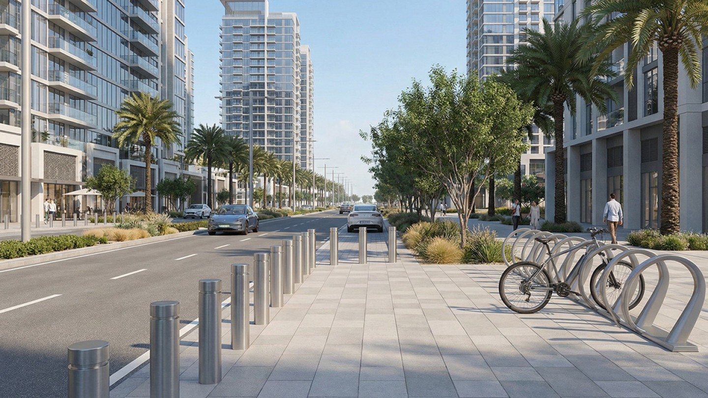 Street with Bollards and Bike Racks